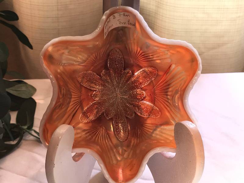 lot 243 image: Dugan pedal and fan Peach opalescent bowl