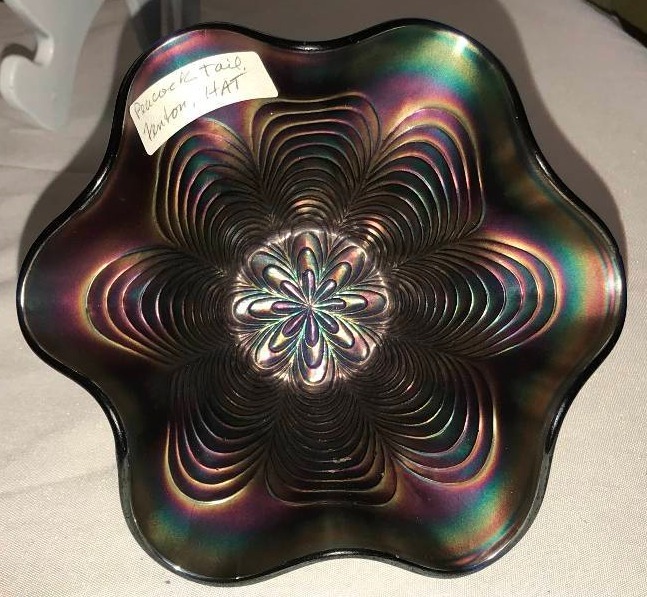 lot 309 image: Fenton, peacock tail, blue, hat,