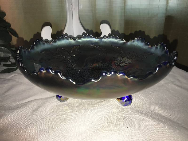 lot 335 image: Fenton, 1912, Stag and Holly, blue, three footed Bowl