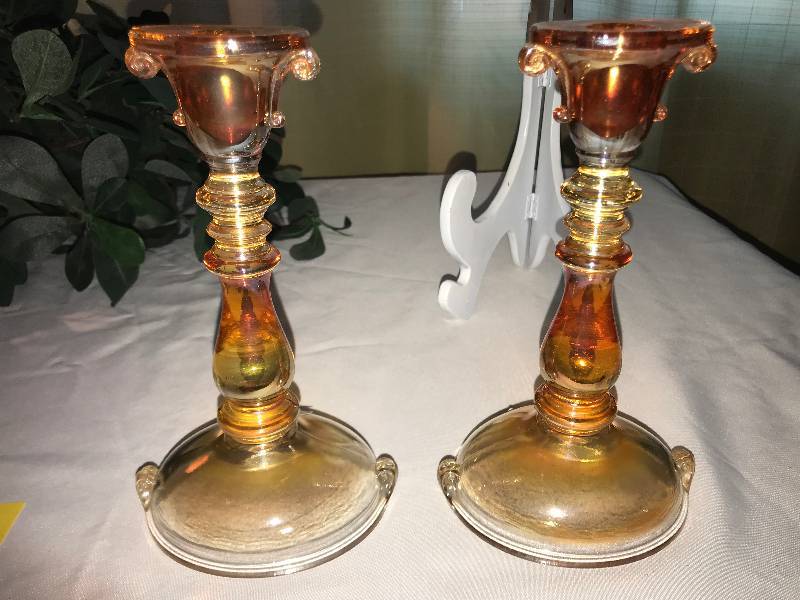 lot 339 image: Imperial, double scroll candlesticks, marigold, (2)