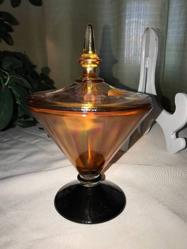 lot 344 image: Fenton black bottom Marigold with black base, covered candy dish