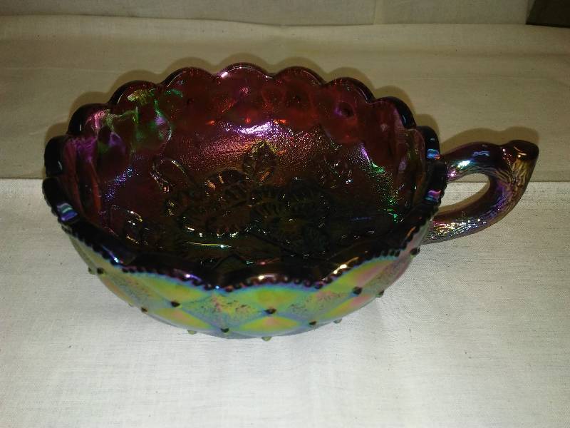 lot 364 image: Imperial Carnival Glass Pansy Diamond Quilt AmethystTwig Handle Nappy Dish