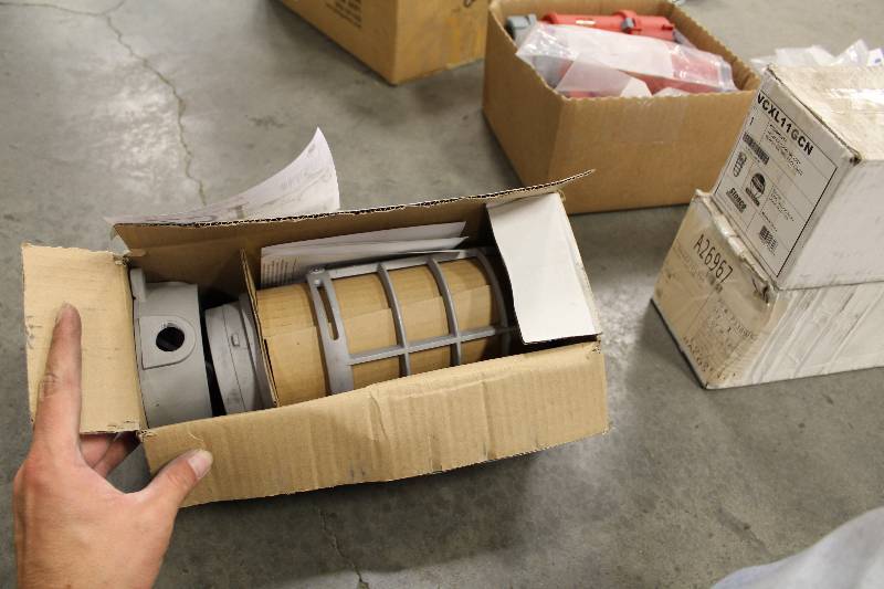 lot 251 image: Lot of (2) Roughlite 100W Ceiling Light Fixtures w Box Globe & Cage