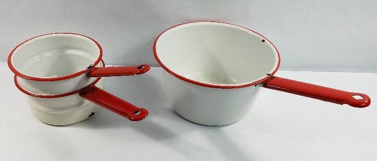 lot 9 image: Antique Lot of 3 Red & White Enamel Ware pots of various sizes