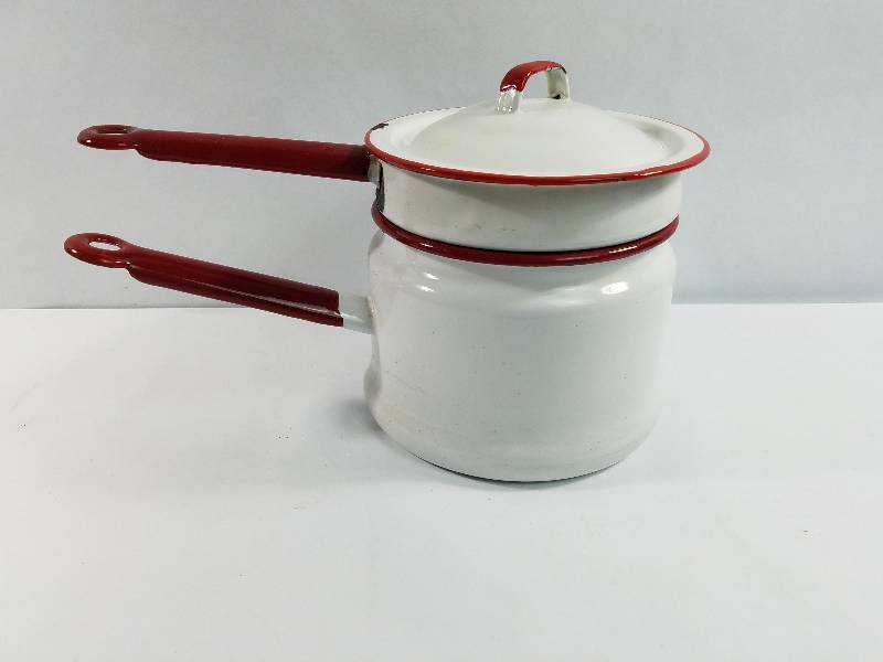 lot 10 image: Vintage 3 piece White & Red Enamel Double Boiler Pot with Domed Lid