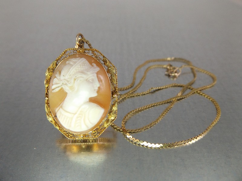 10K Yellow Gold Carved Shell Cameo Brooch on a 14K Chain