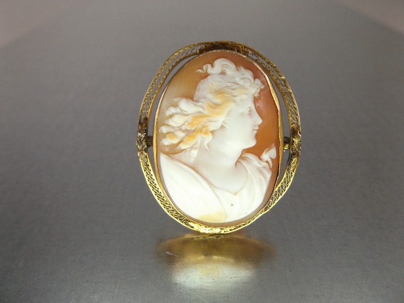 Larger Gold Plated Sterling Silver Carved Shell Cameo Brooch