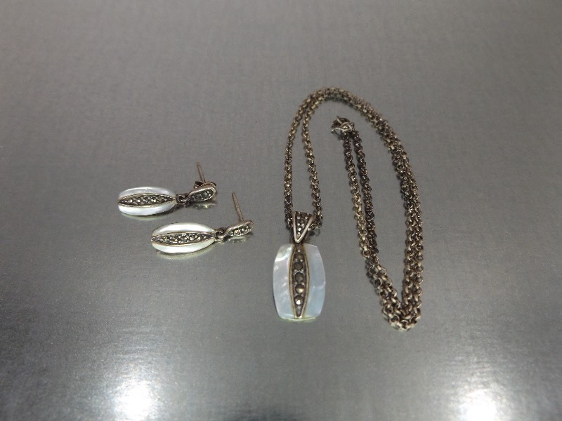 Sterling Silver Marcasite Mother of Pearl Pendant and Earring Set