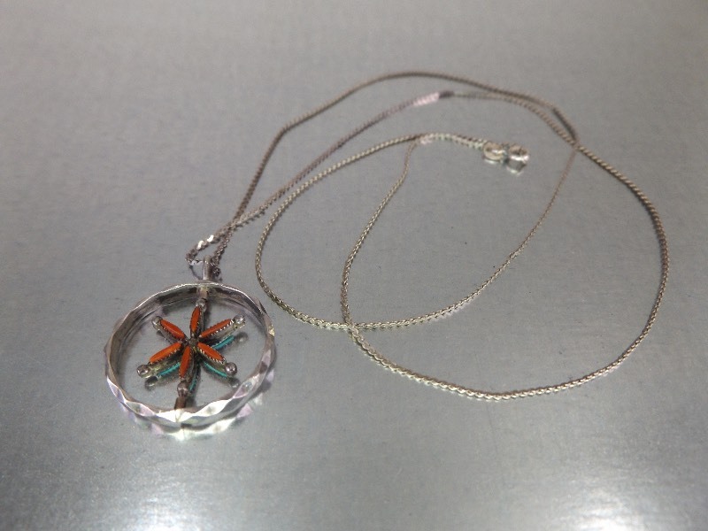 Sterling Silver Necklace and Turquoise and Red Coral Pendant