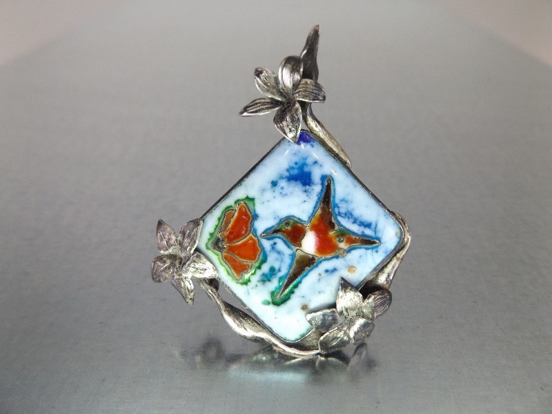 Signed Sterling Silver Enamel Hummingbird Pendant