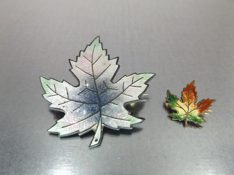 2 Sterling Silver Enamel Maple Leaf Brooches