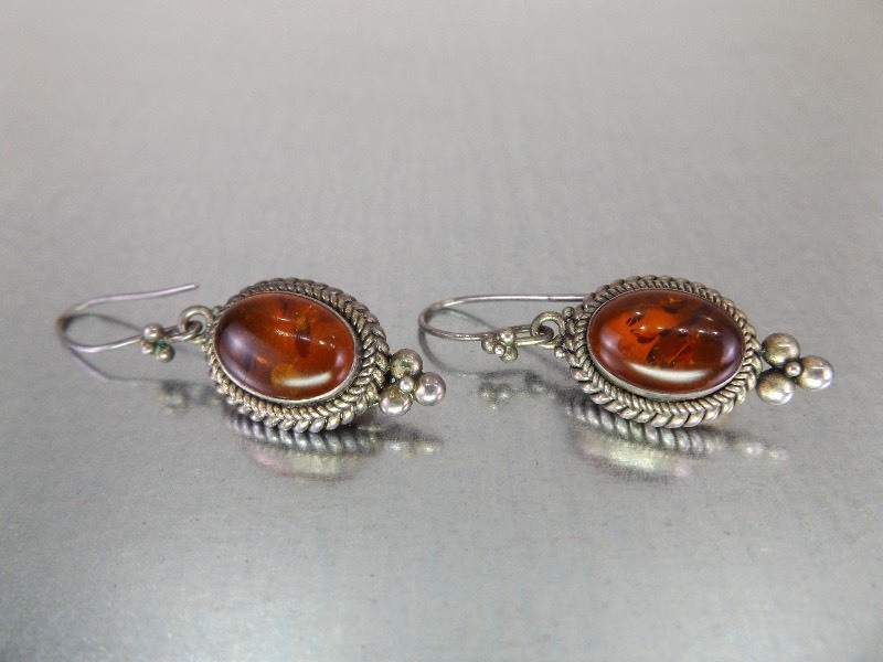 Sterling Silver Victorian Amber Pierced Earrings
