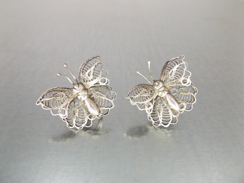 Sterling Silver Filigree Butterfly Screw Back Earrings
