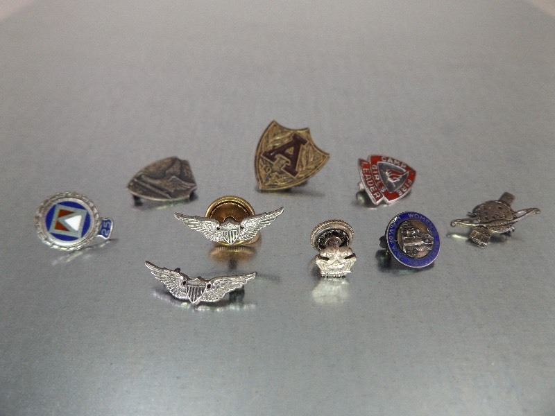 Lot of 9 Vintage Sterling Silver Military, Achievement, etc. Pins