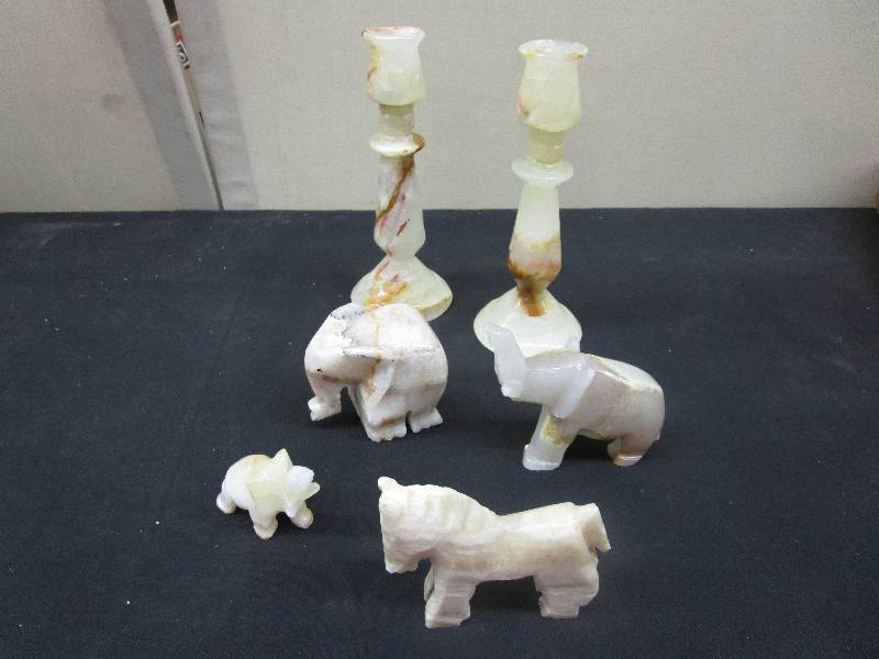lot 118 image: Marble Figurines Elephants and Donkey