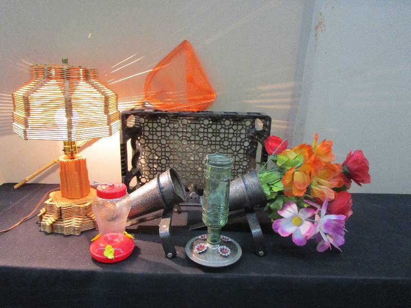 lot 120 image: 17 Tall Popsicle Stick Lamp Really Works and Flower Holders, Crate, Net, and Hummingbird Feeder
