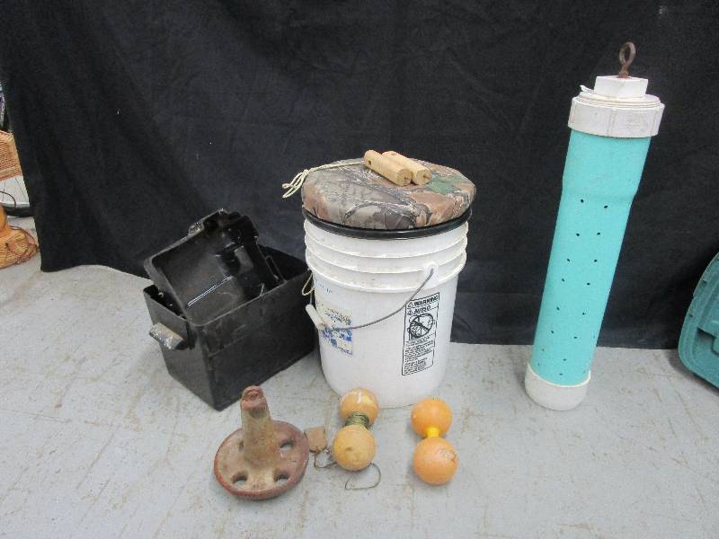 lot 121 image: Anchor, fishing markers, ice picks, battery box and bait keeper