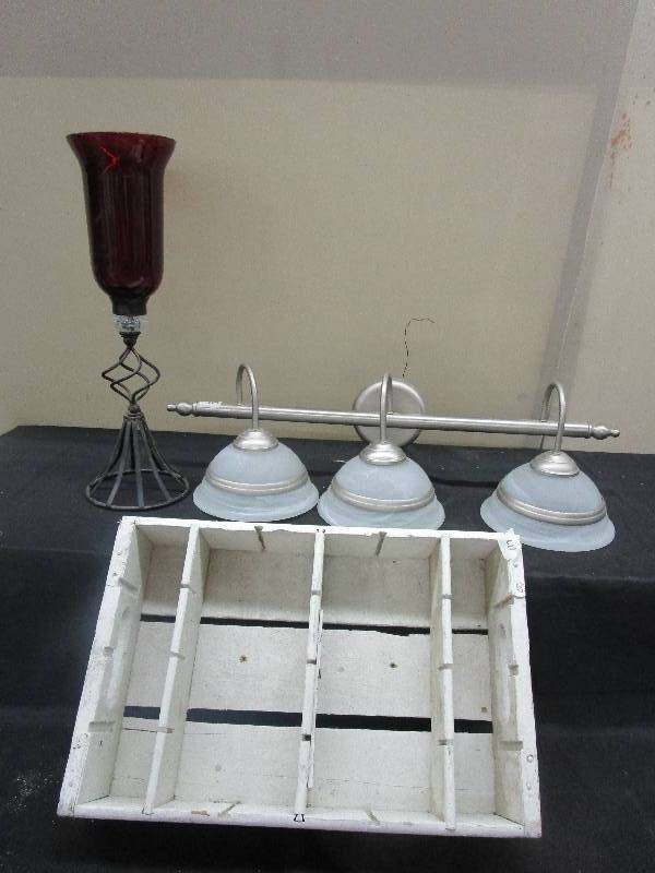lot 124 image: 21 Candle Holder, 30 long Light Fixture and 18 12 x 12 12 Wood Box