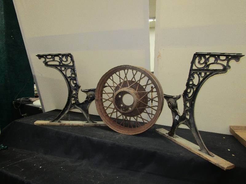 lot 135 image: 2 Cast Iron School Desk Legs and Old Wagon Wheel
