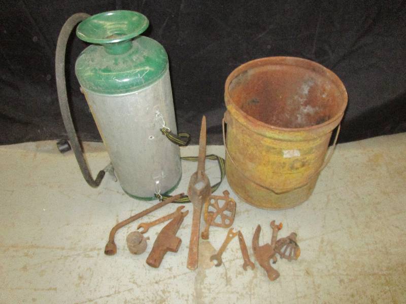 lot 137 image: Old Sprayer, Old 5 Gallon Pail and Old Rustic Tools