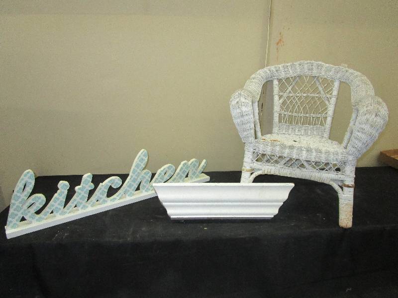lot 143 image: Kids Wicker Chair, Kitchen Sign and Shelf