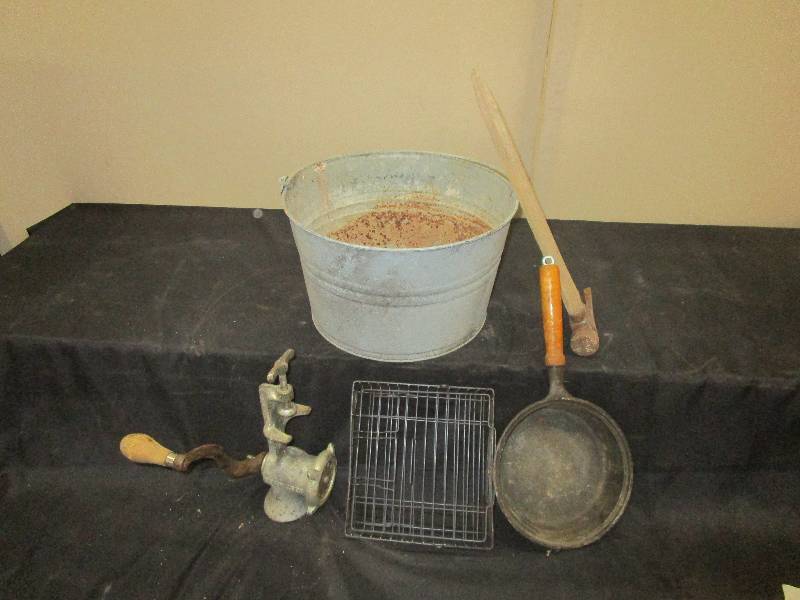 lot 147 image: 8 Cast Iron Skillet, Galvanized Pail, #25 Meet Grinder and Cooking Basket
