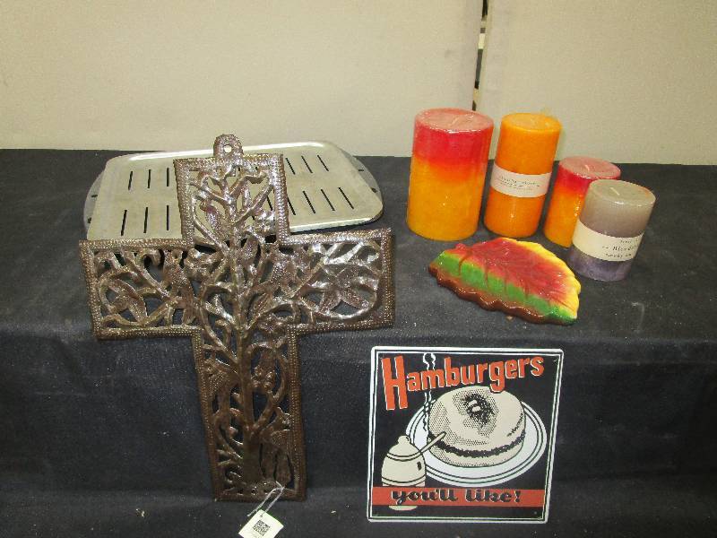lot 156 image: Metal Cross, Metal Hamburger  Sign, Unused Still Wrapped candles and Leaf Tray Decot and a Roaster Pan