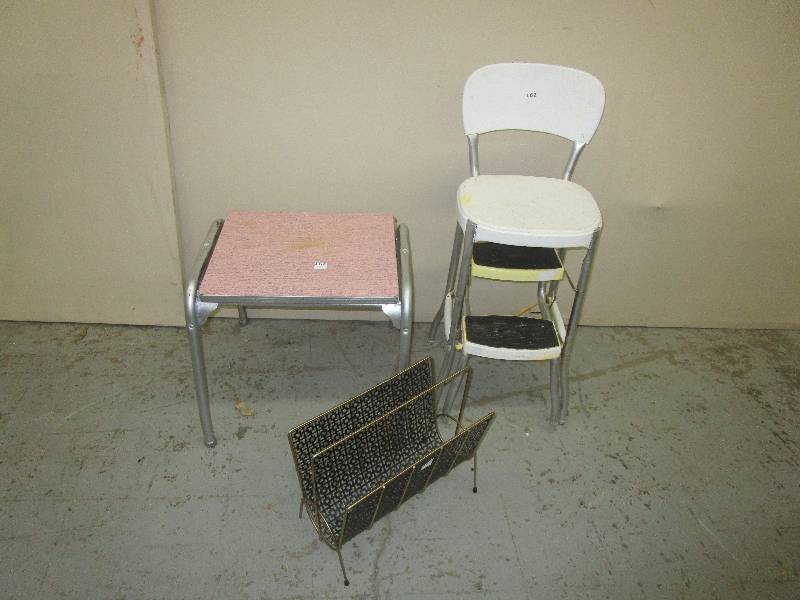 lot 222 image: Step stool, Metal Mag Rack and Table with tilting top