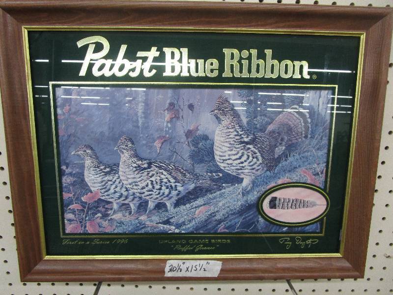 lot 240 image: Pabst Blue Ribbon Mirror, Upland Game Birds 1st In series 1996 Ruffed Grouse Signed by Terry Doughty