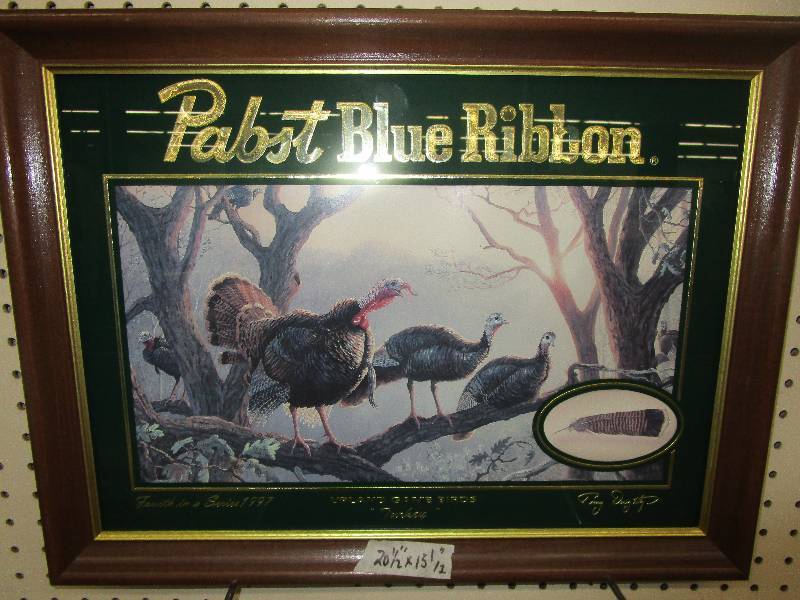 lot 243 image: Pabst Blue Ribbon Mirror, Upland Game Birds 4th In series 1997 Turkey Signed by Terry Doughty