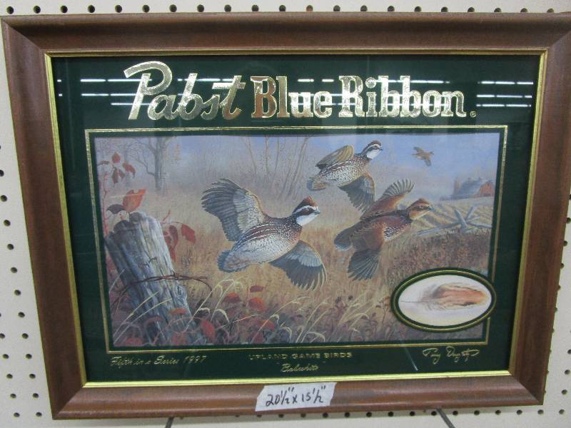lot 244 image: Pabst Blue Ribbon Mirror, Upland Game Birds 5th In series 1997 Bobwhite Quail Signed by Terry Doughty