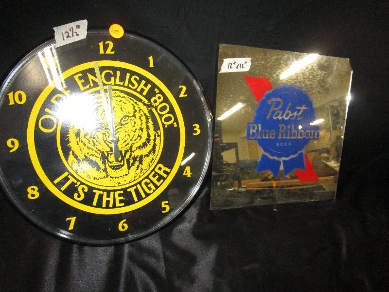 lot 250 image: Old English 800 Clock and Pabst Blue Ribbon Mirror