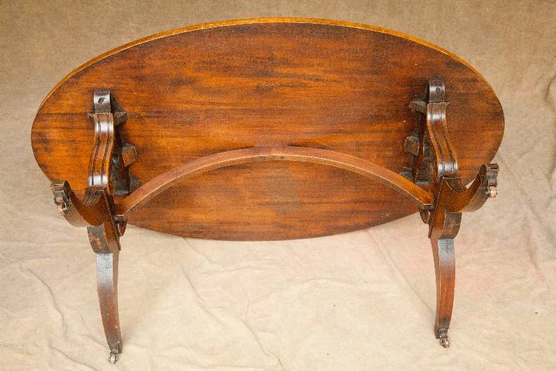 lot 8 image: WOW Gorgeous & Rare Antique Leather Top Ornately Carved Lyre Harp Base Oval Mahogany Coffee Table On Caster Wheels