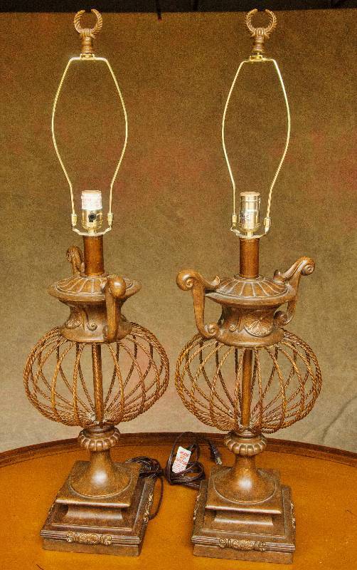 lot 16 image: Exquisite & Large Pair Of Copper Colored Metal Wire & Porcelain Trophy Urn Table Lamps With Matching Royal Laurel Wreath Finials - Like New Condition