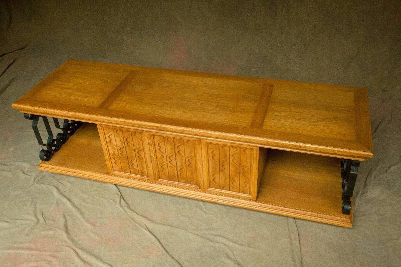 lot 50 image: Another Big WOW 1970s Heritage Co. Wrought Iron & Heavy Oak Wood 3 Door Coffee Table or Possibly Stereo Cabinet (I can so see those vinyl square cushions on top)  This Cabinet Is On Big Old Round MCM Casters.  Great Condition 