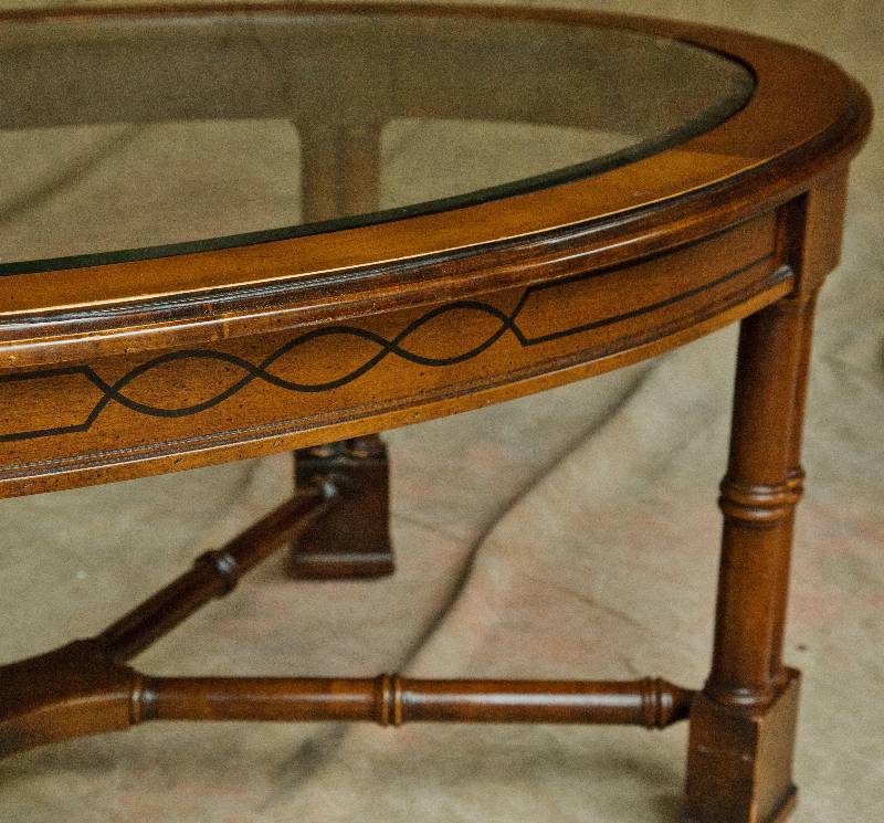 lot 22 image: Vintage Faux Bamboo Wood Oval Coffee Table with Inlaid Wood Panels & Beveled Glass On Top - This Has Great Bones 