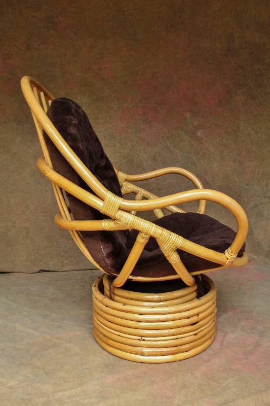 lot 32 image: Rattan Swivel Chair Egg Pod Chair Bohemian Asian Bamboo Lounge Chair Mid Century Rocking Swivel Tiki Bentwood Chair With Fuzzy Brown Seat & Back Cushion - Excellent Condition  All Bindings Are Tight & Bent Bamboo In Excellent Shape 