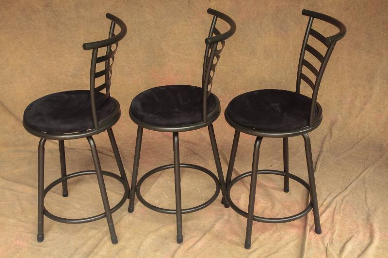 lot 33 image: 3 Excellent Condition Black Metal & Micro Suede Swivel Bar Stools