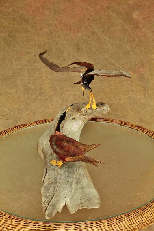 lot 40 image: Mid Century Modern C Jere Style Brutalist Contemporary Metal Birds Ducks On Driftwood Art Sculpture Made By Blacksmith Wildlife - Sticker Still Present