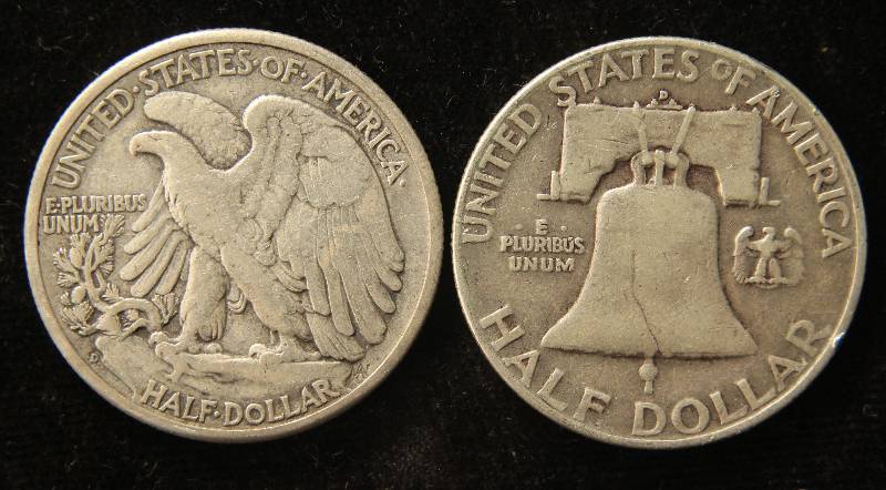 2 SILVER HALF DOLLARS 1946-d WALKING LIBERTY 1954-d FRANKLIN