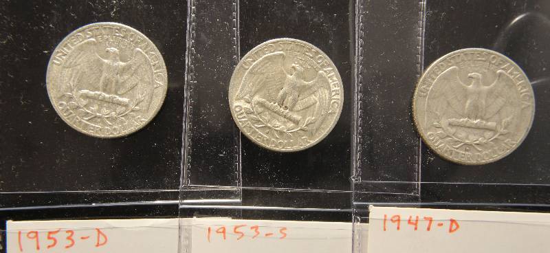 3 SILVER WASHINGTON QUARTERS  1947-D 1953-D, 1953-S