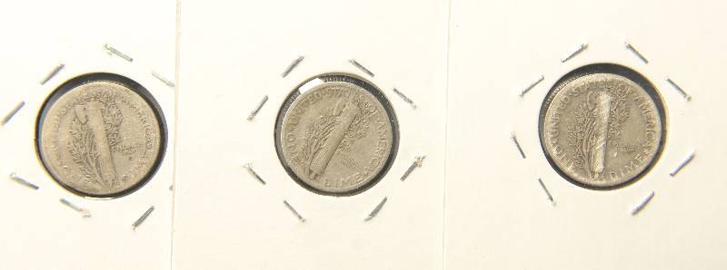 3 MERCURY DIMES 1918, 1919 & 1936
