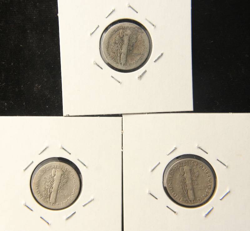 3 MERCURY DIMES 1919, 1925 & 1930-S
