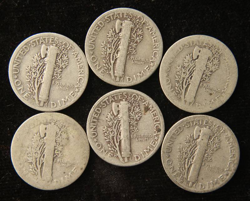 GROUP OF 6 MERCURY DIMES