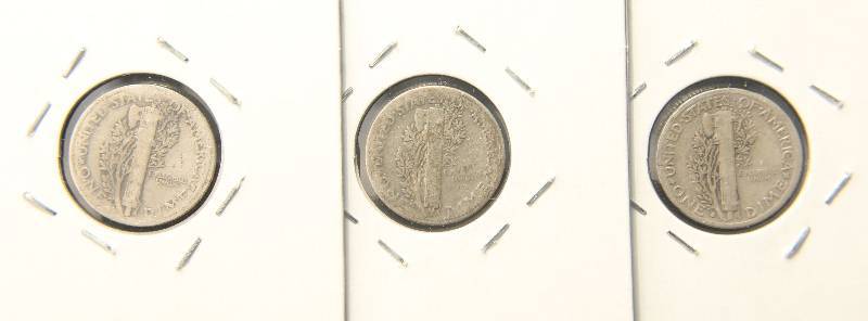 3 MERCURY DIMES 1917, 1927, 1936-S