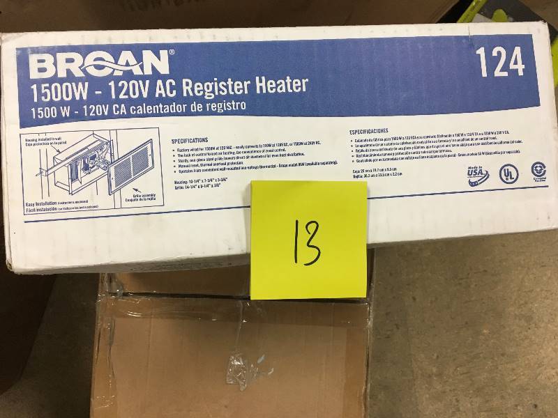 lot 13 image: Broan 1500W - 120V AC Register Heater Model 123 New