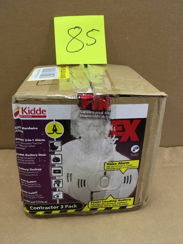 lot 85 image: KIDDE FireX Hardwired 120-Volt Inter-Connectable Photoelectric Combination Smoke and CO Alarm with Voice (3-Pack) Not used
