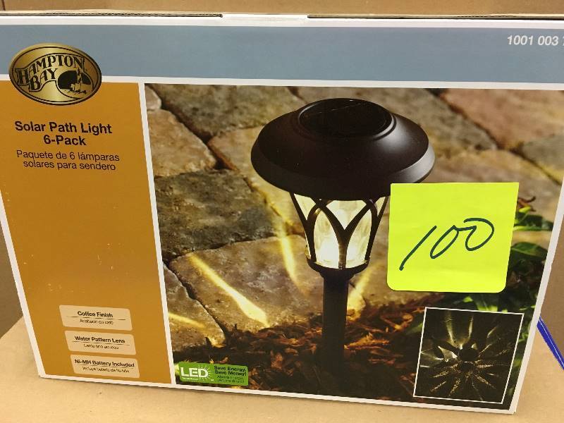 lot 100 image: Hampton Bay Solar Bronze Outdoor Integrated LED Landscape Fan Cage Path Light with Water Glass Lens (6-Pack) New