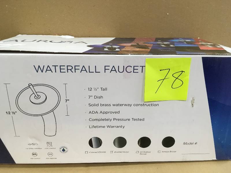 lot 78 image: Kokols Haniel Single Hole 1-Handle Vessel Waterfall Faucet in Brushed Nickel with Clear Glass Disc Not Used