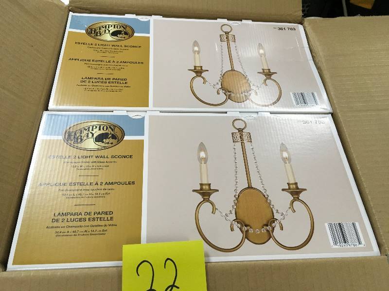 lot 22 image: Hampton Bay Estelle 2-Light Champagne Sconce Wall Mount  New Box Pack of 2 New